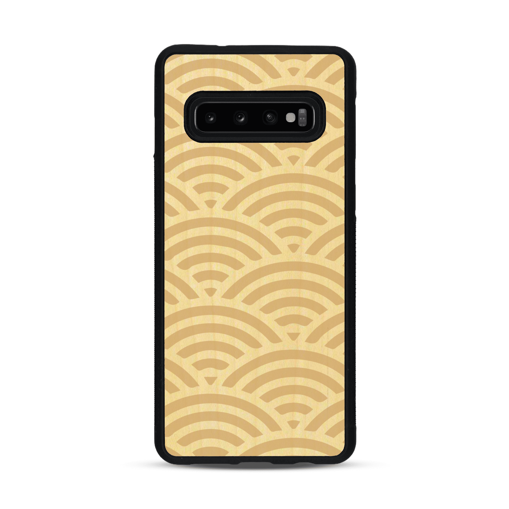 Coque de protection en bois véritable fabriquée en France pour  baptisée "La Sinjak" avec un motif de gravure abstrait représentant la répétition d'un symbole wifi