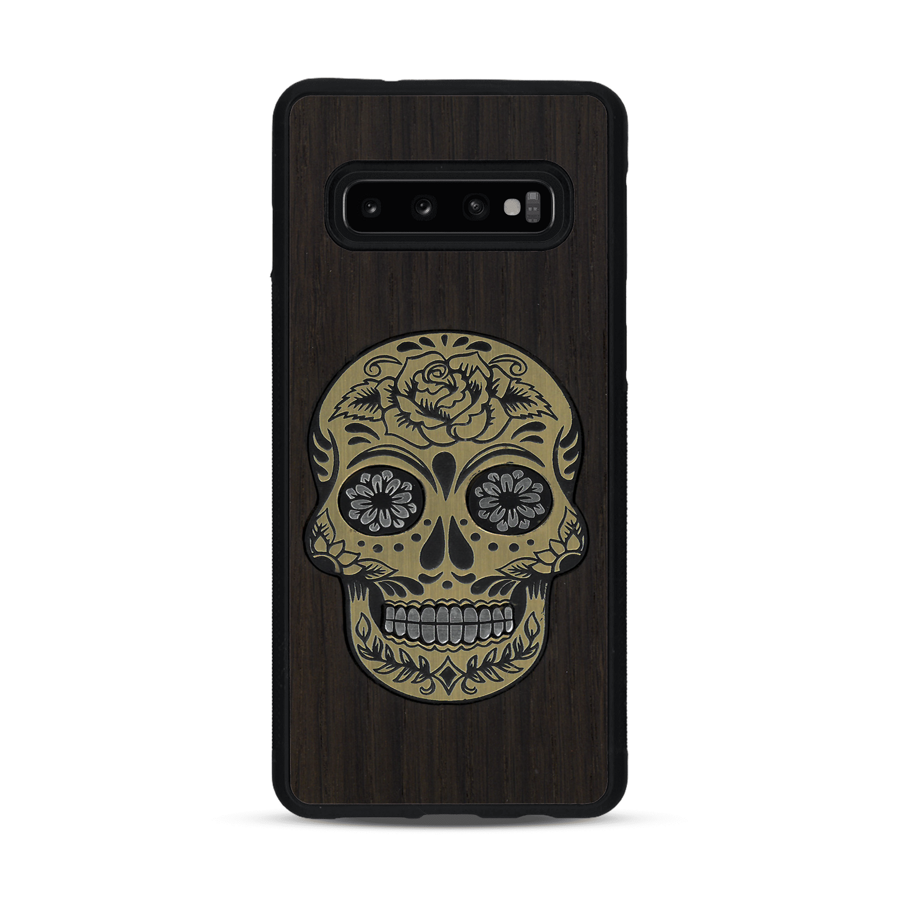 Coque de protection en bois véritable fabriquée en France pour  alliant du chêne fumé avec du métal argenté et doré représentant une tête de mort mexicaine sur le thème Dia de los Muertos