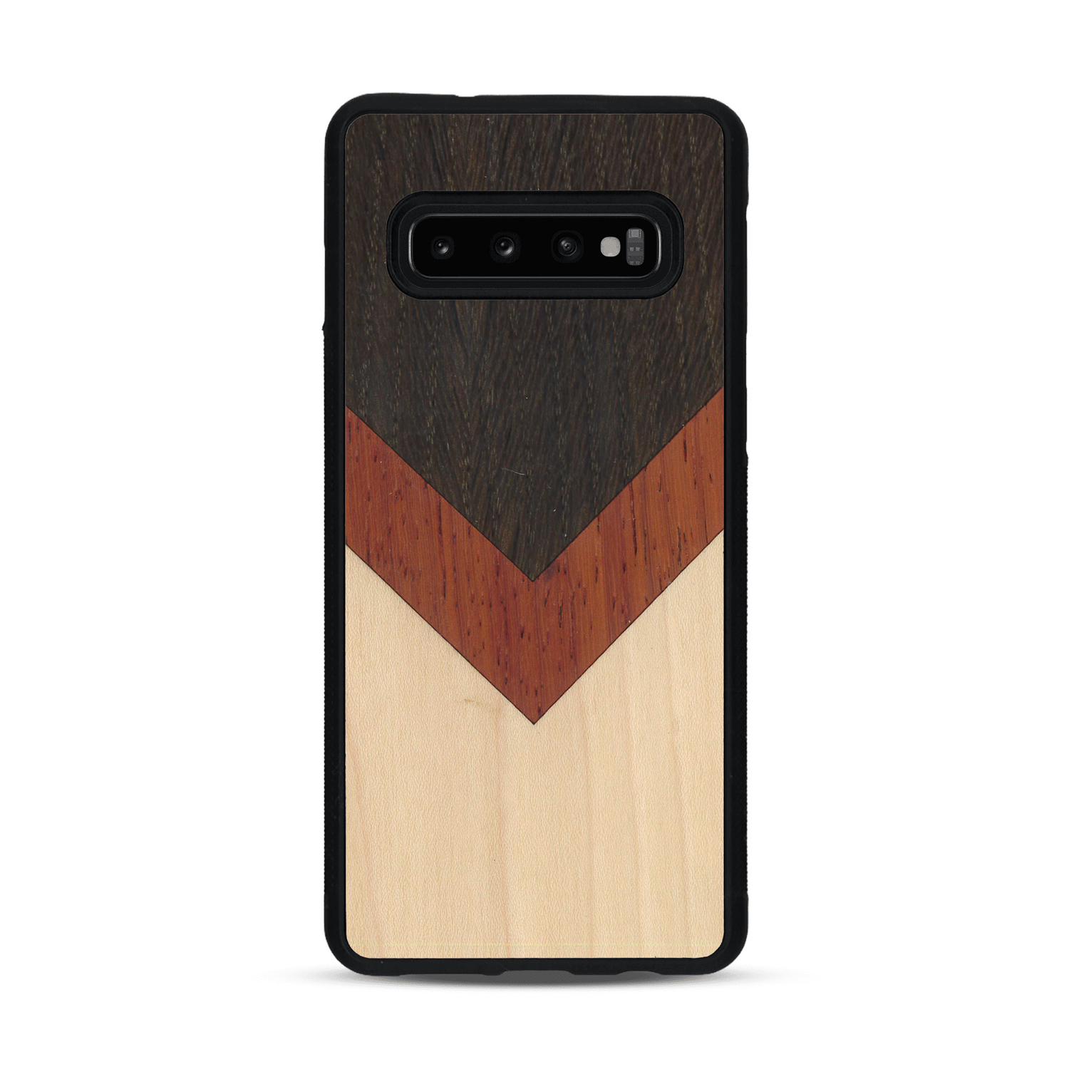 Coque de protection en bois véritable fabriquée en France pour  alliant du chêne fumé, du padouk et du bambou en forme de chevron sur le thème de l'art abstrait