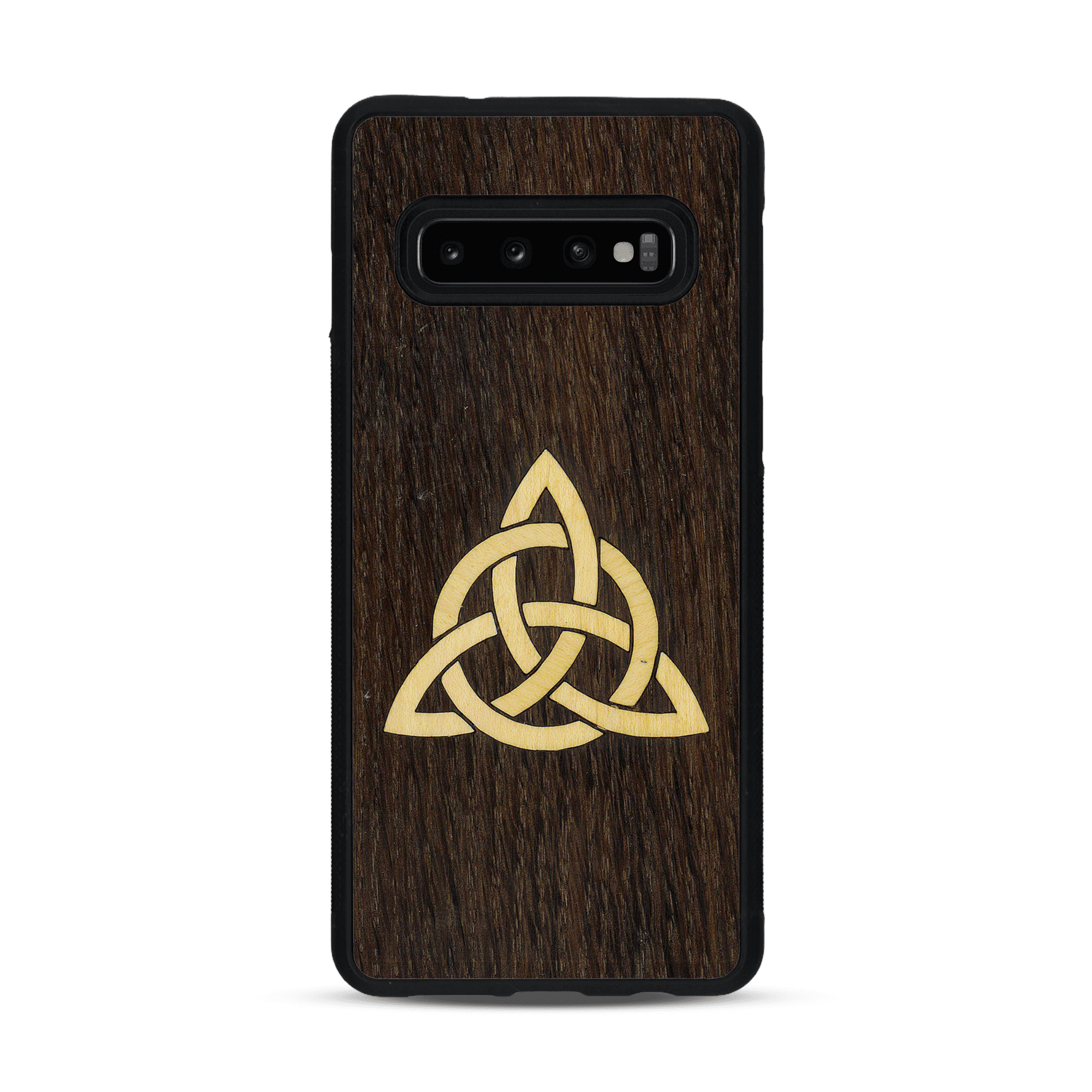 Coque de protection en bois véritable fabriquée en France pour  alliant du chêne fumé et du bambou représentant une triquetra