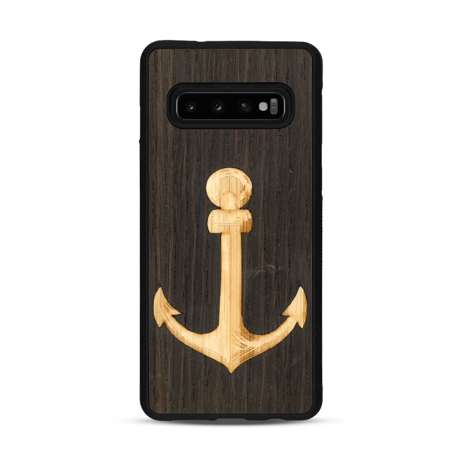 Coque de protection en bois véritable fabriquée en France pour  sur le thème nautique avec un bois clair et un bois foncé représentant une ancre de bateau