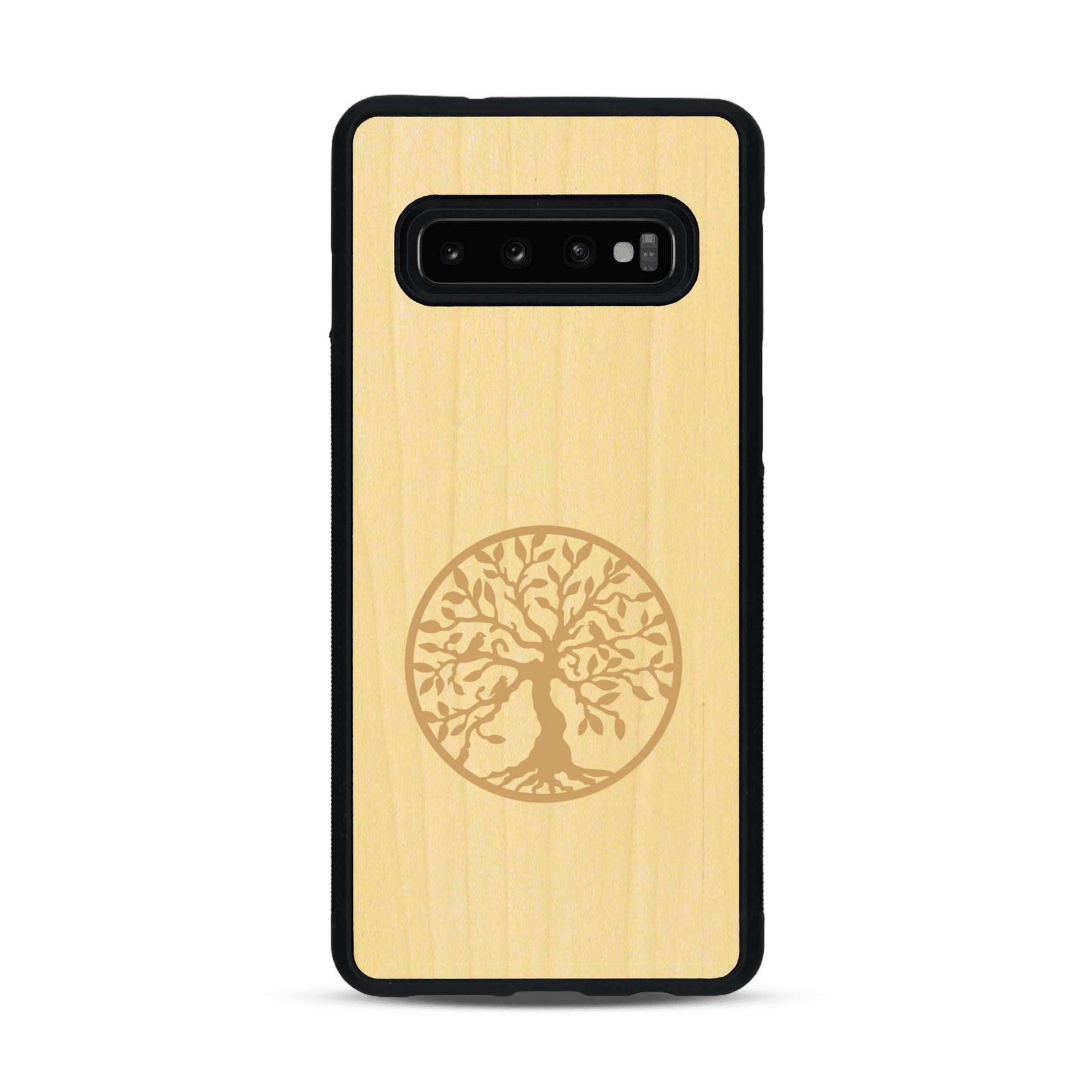 Coque de protection en bois véritable fabriquée en France pour  sur le thème de la spiritualité et du yoga avec une gravure zen représentant un arbre de vie