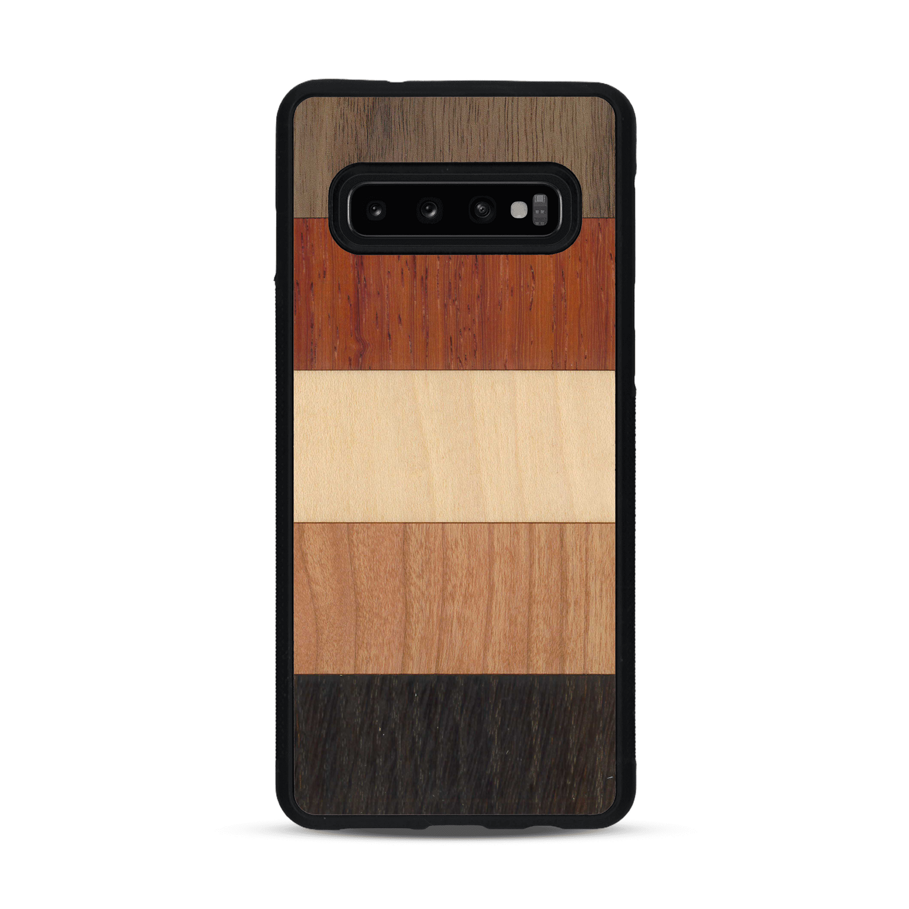 Coque de protection en bois véritable fabriquée en France pour  alliant des bandes horizontales de bambou, merisier, padouk, noyer et chêne fumé