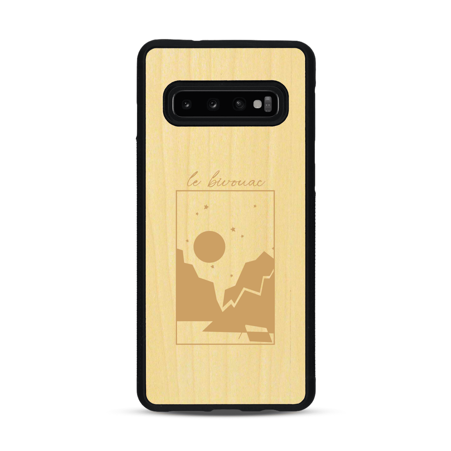 Coque de protection en bois véritable fabriquée en France pour  sur le thème du camping en pleine nature et du bivouac avec la phrase "Aventure is out there"