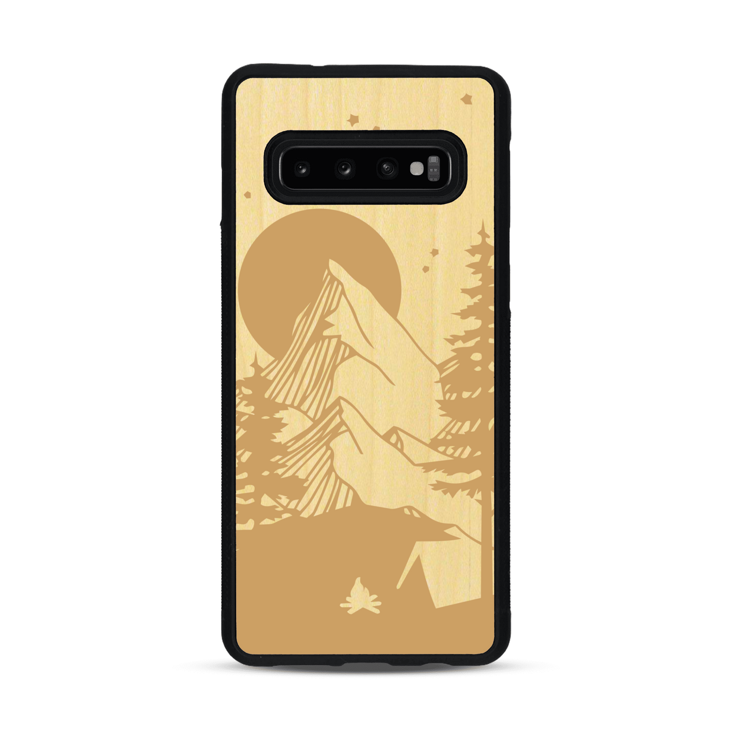 Coque de protection en bois véritable fabriquée en France pour  sur le thème du camping en pleine nature représentant une tente avec un feu de camp entouré de montagnes