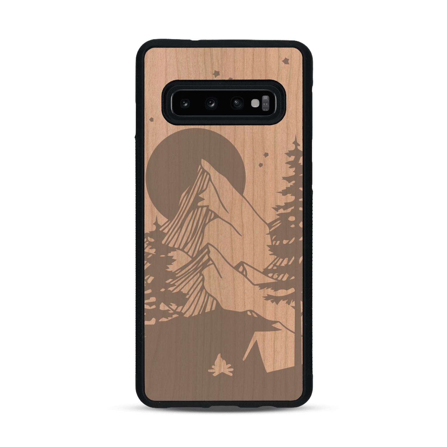 Coque de protection en bois véritable fabriquée en France pour  sur le thème du camping en pleine nature représentant une tente avec un feu de camp entouré de montagnes