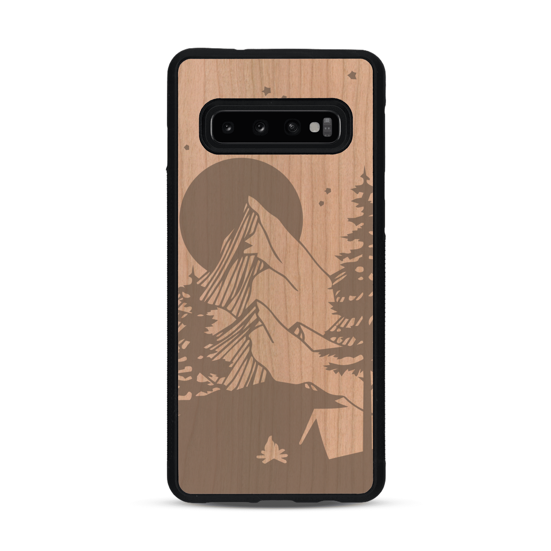 Coque de protection en bois véritable fabriquée en France pour  sur le thème du camping en pleine nature représentant une tente avec un feu de camp entouré de montagnes