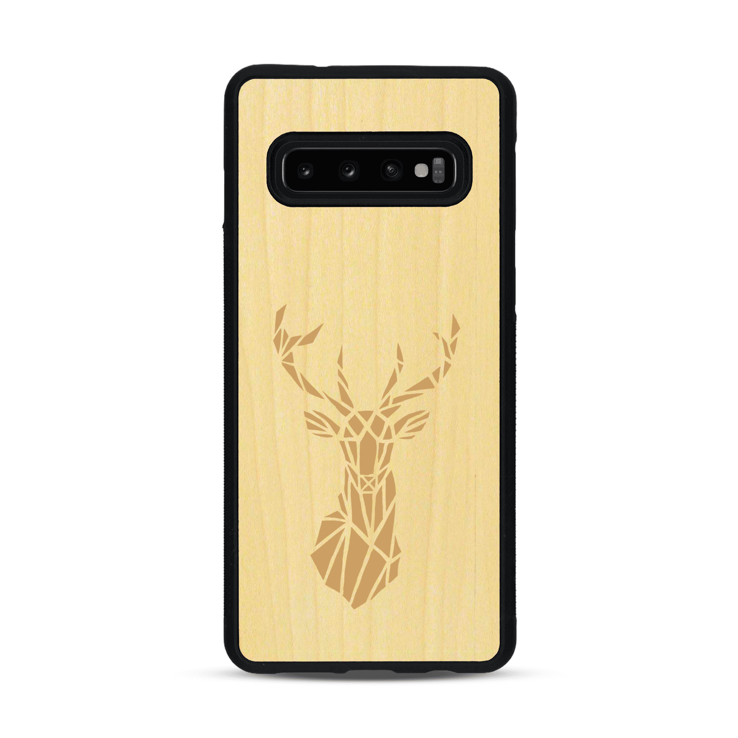 Coque de protection en bois véritable fabriquée en France pour  sur le thème de la nature et des animaux représentant une tête de cerf gométrique avec un design moderne et minimaliste