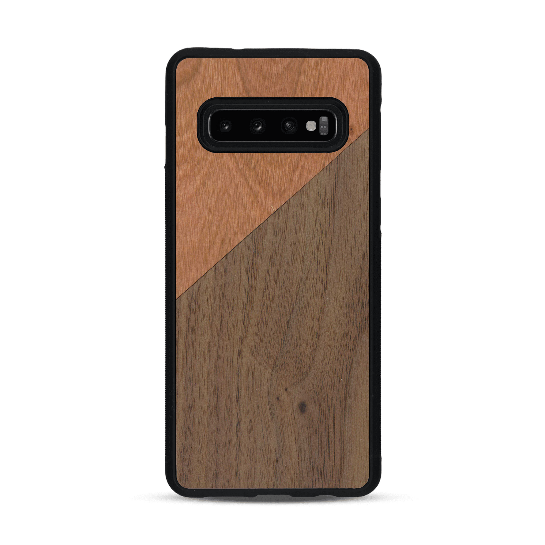 Coque de protection en bois véritable fabriquée en France pour  alliant du merisier et du noyer formant chacun un triangle avec une jointure en diagonale sur le thème de l'art abstrait