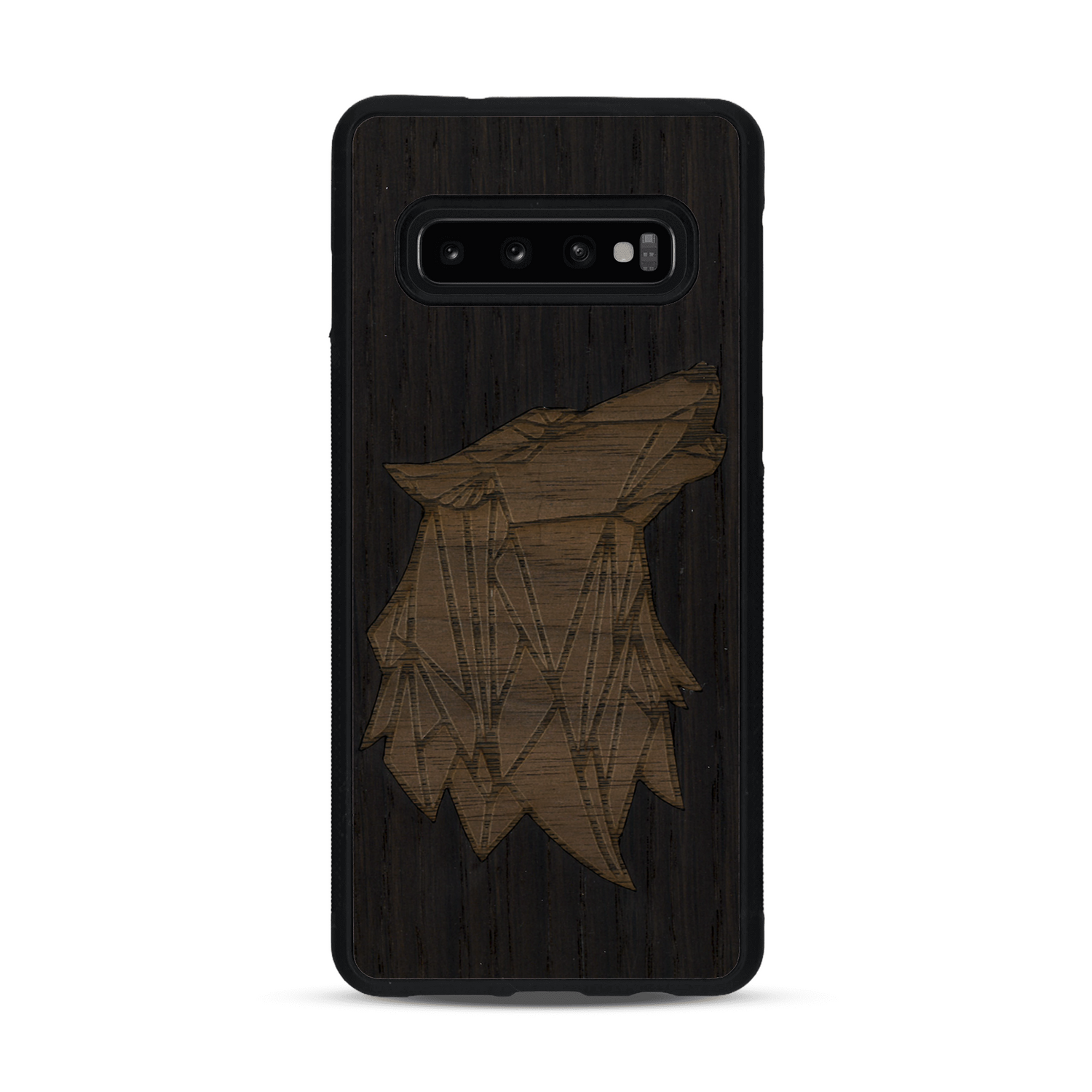 Coque de protection en bois véritable fabriquée en France pour  alliant du chêne fumé et du noyer représentant une tête de loup géométrique de profil sur le thème des animaux et de la nature