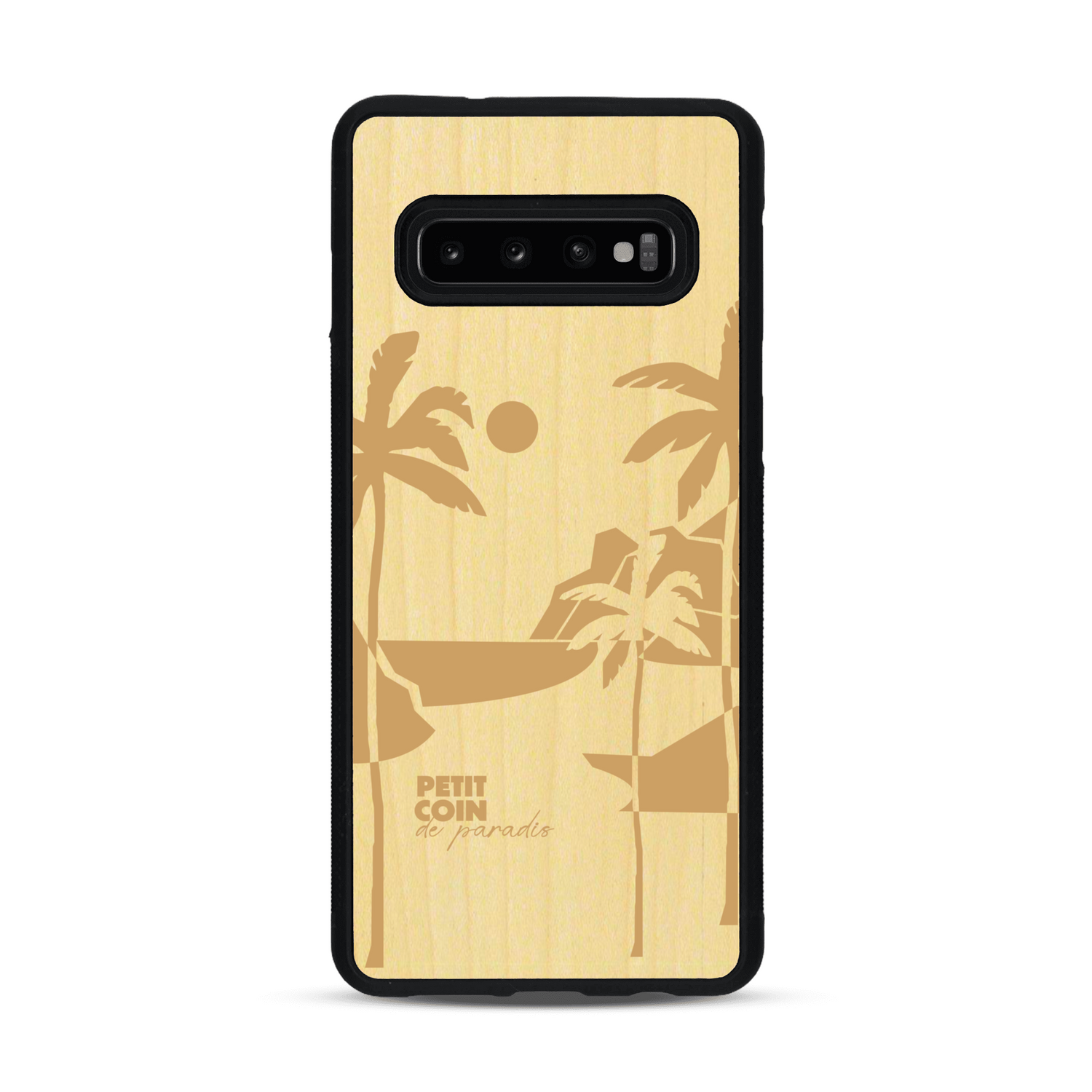 Coque de protection en bois véritable fabriquée en France pour  sur le thème des voyages en vans, vanlife et chill avec une gravure représentant un van vw combi devant le soleil couchant sur une plage avec des vagues