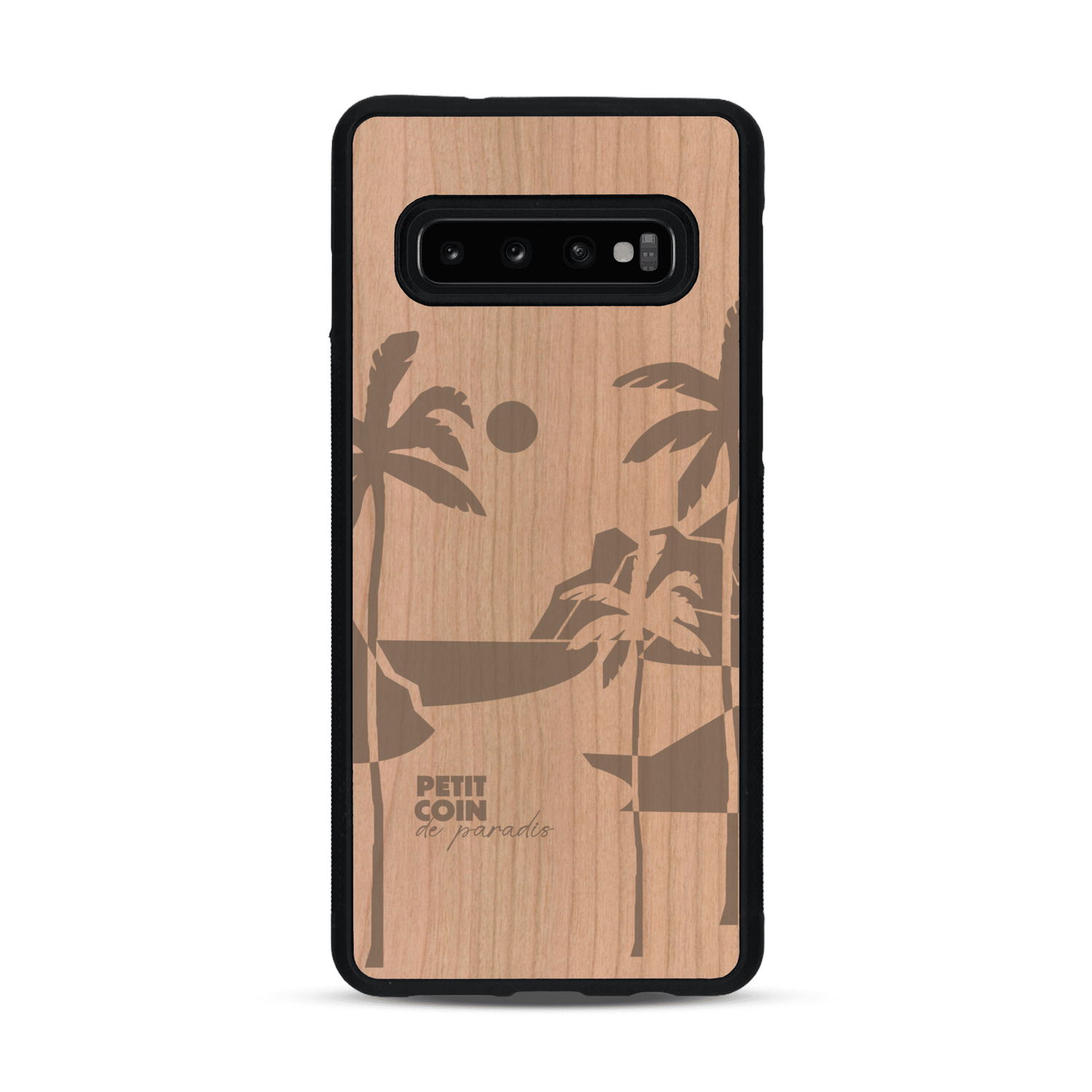 Coque de protection en bois véritable fabriquée en France pour  sur le thème des voyages en vans, vanlife et chill avec une gravure représentant un van vw combi devant le soleil couchant sur une plage avec des vagues