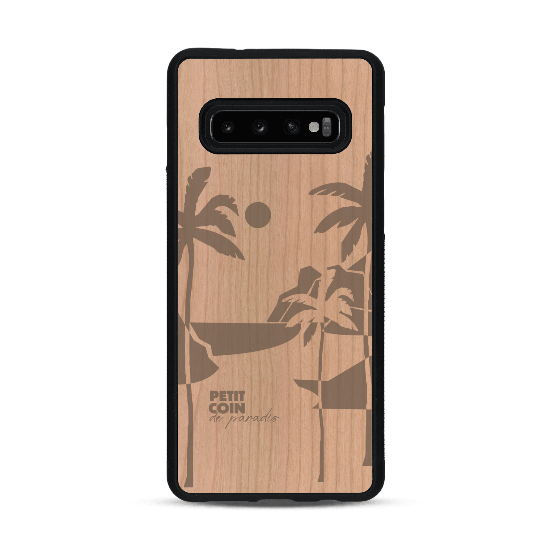 Coque de protection en bois véritable fabriquée en France pour  sur le thème des voyages en vans, vanlife et chill avec une gravure représentant un van vw combi devant le soleil couchant sur une plage avec des vagues
