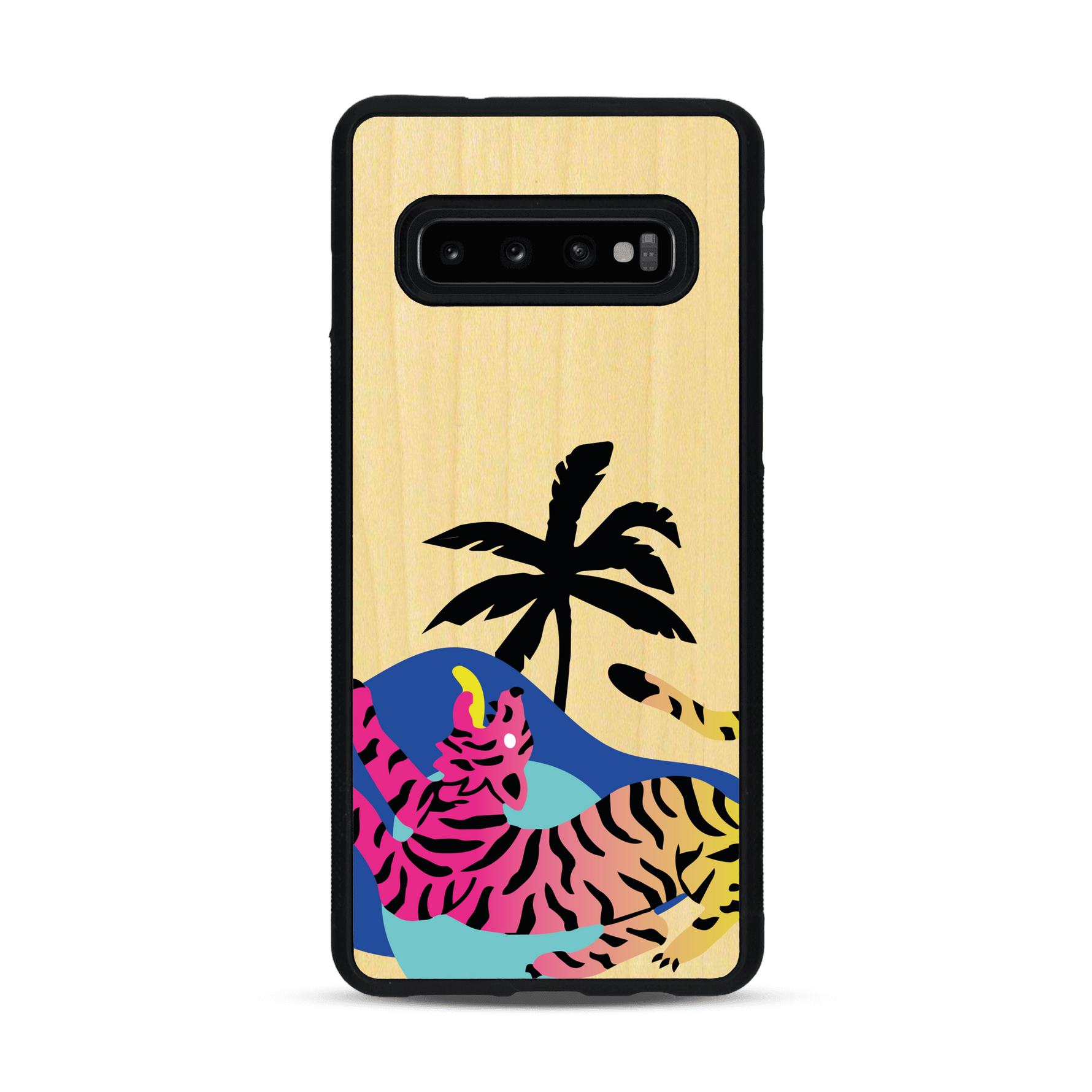 Coque de protection en bois véritable fabriquée en France pour Samsung S10 représentant un tigre coloré avec un design moderne et minimaliste sur le thème de la jungle et de la nature