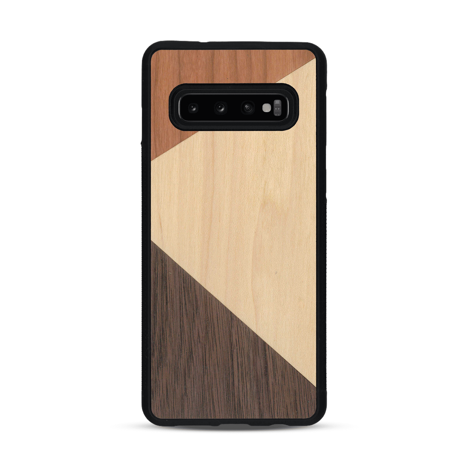 Coque de protection en bois véritable fabriquée en France pour  alliant du merisier, du noyer et du bambou formant chacun deux triangles et un trapèze avec deux jointures en diagonale sur le thème de l'art abstrait