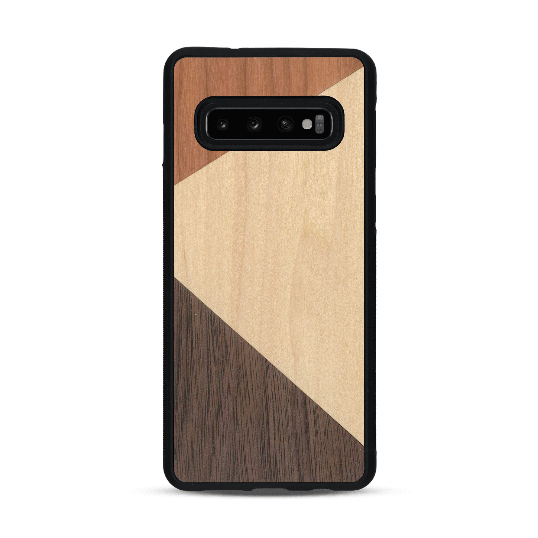 Coque de protection en bois véritable fabriquée en France pour  alliant du merisier, du noyer et du bambou formant chacun deux triangles et un trapèze avec deux jointures en diagonale sur le thème de l'art abstrait