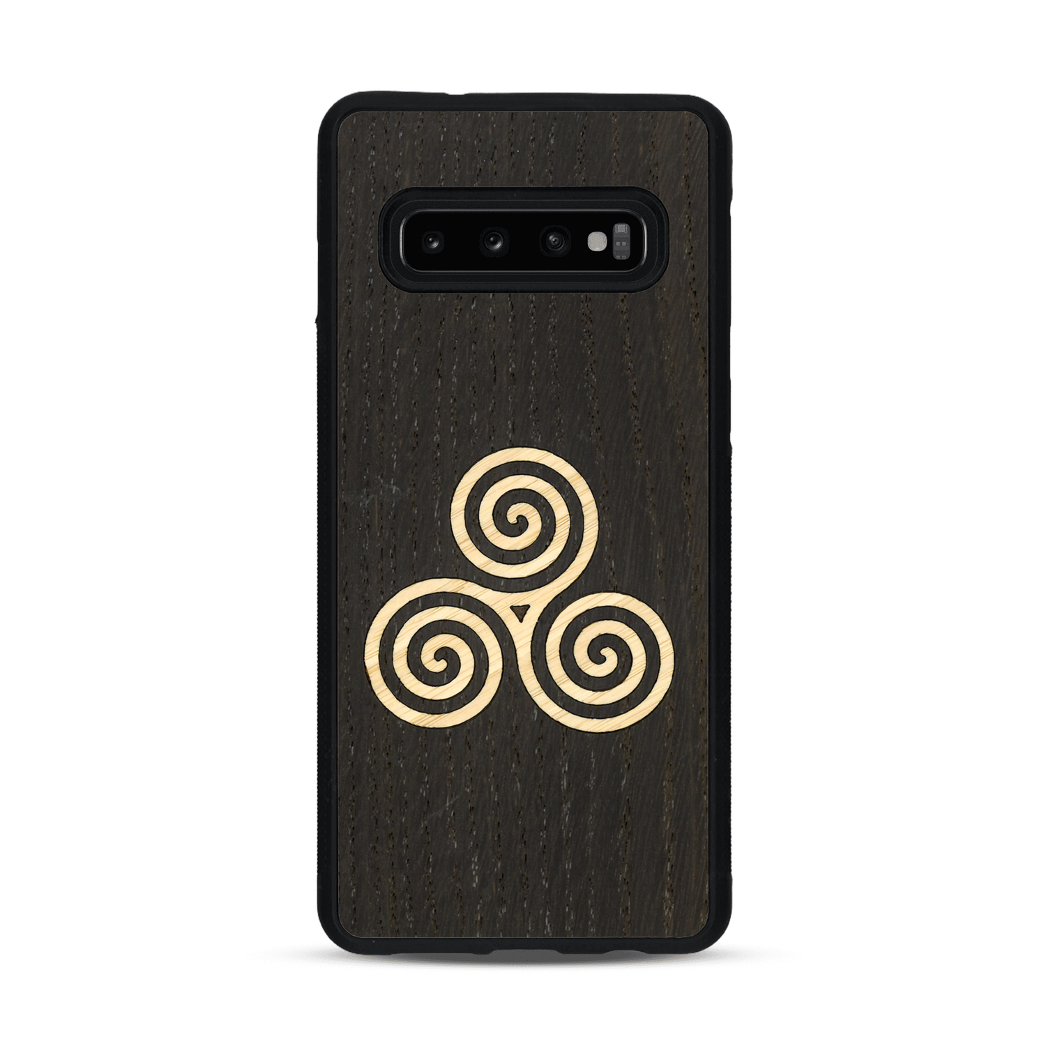 Coque de protection en bois véritable fabriquée en France pour  alliant du chêne fumé et du bambou et doré représentant un triskell