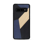 Coque de protection en bois véritable fabriquée en France pour  alliant du bambou, du tulipier bleu et noir en forme de mosaïque minimaliste sur le thème de l'art abstrait
