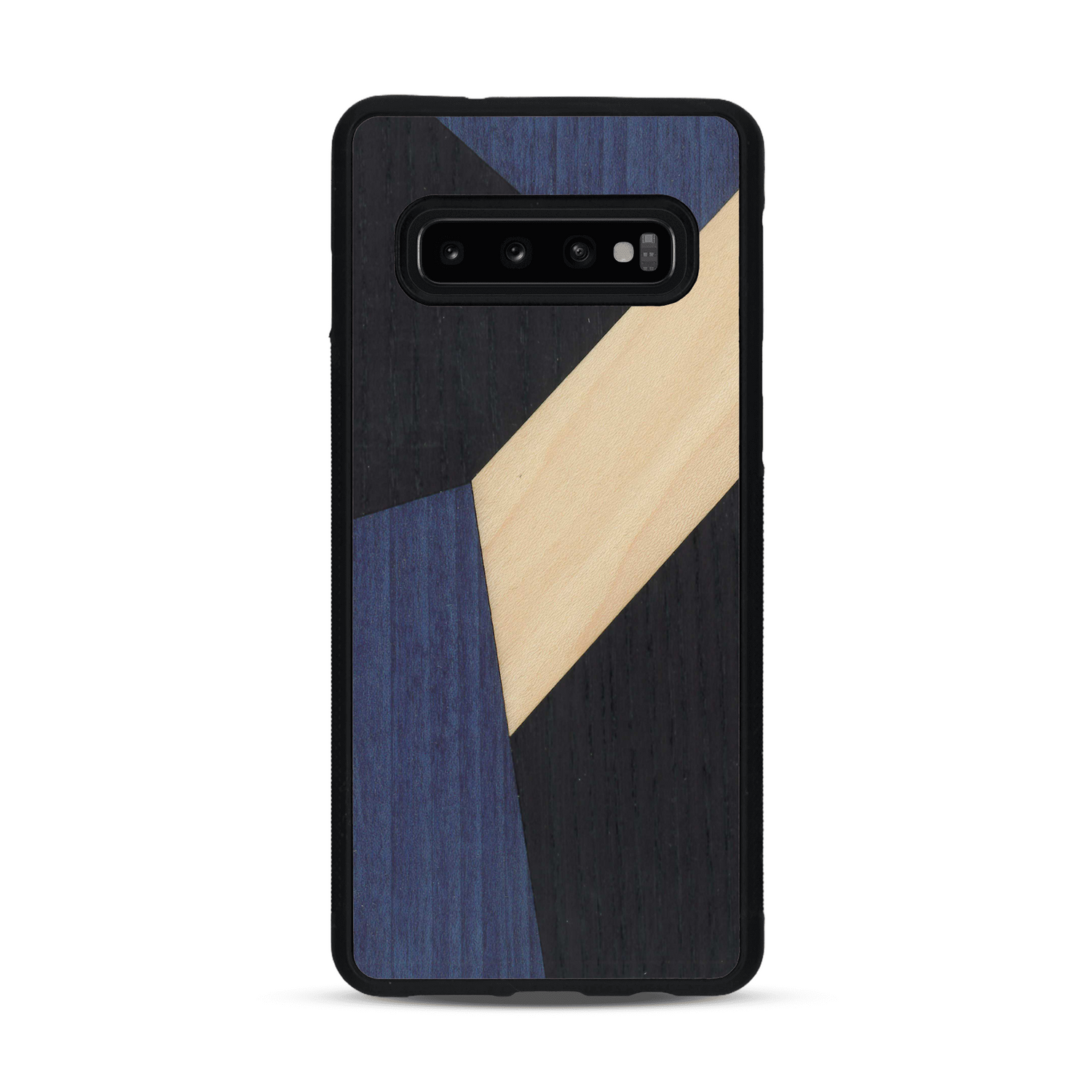 Coque de protection en bois véritable fabriquée en France pour  alliant du bambou, du tulipier bleu et noir en forme de mosaïque minimaliste sur le thème de l'art abstrait