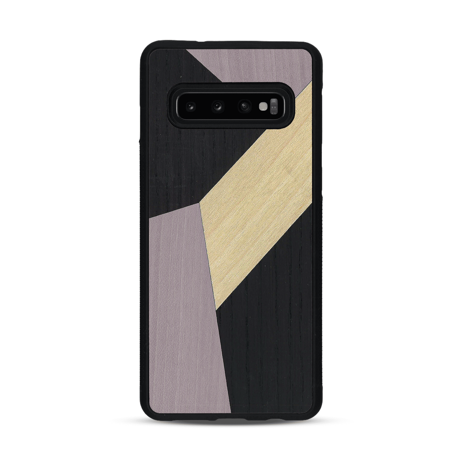 Coque de protection en bois véritable fabriquée en France pour  alliant du bambou, du tulipier mauve et noir en forme de mosaïque minimaliste sur le thème de l'art abstrait