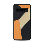 Coque de protection en bois véritable fabriquée en France pour  alliant du bambou, du tulipier orange et noir en forme de mosaïque minimaliste sur le thème de l'art abstrait