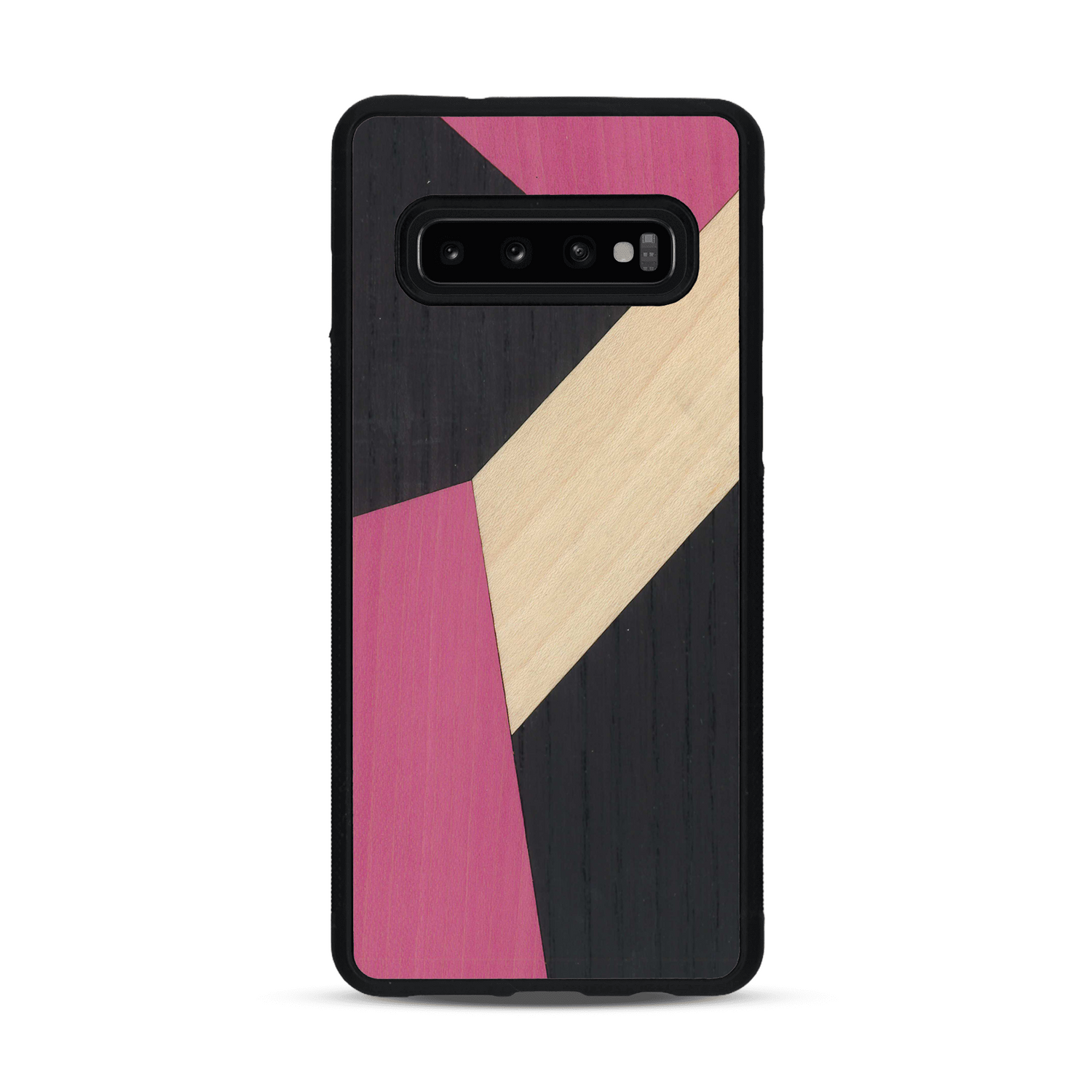 Coque de protection en bois véritable fabriquée en France pour  alliant du bambou, du tulipier rose et noir en forme de mosaïque minimaliste sur le thème de l'art abstrait