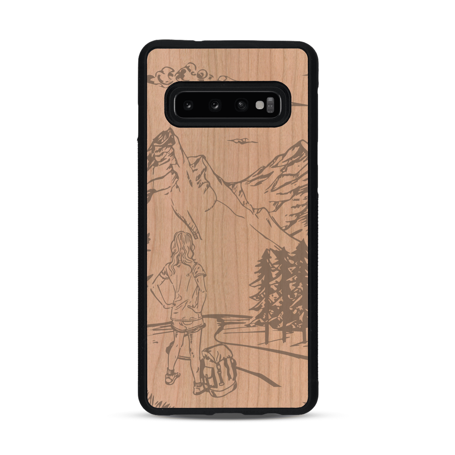Coque de protection en bois véritable fabriquée en France pour  sur le thème de la randonnée en montagne et de l'aventure avec une gravure représentant une femme de dos face à un paysage de nature
