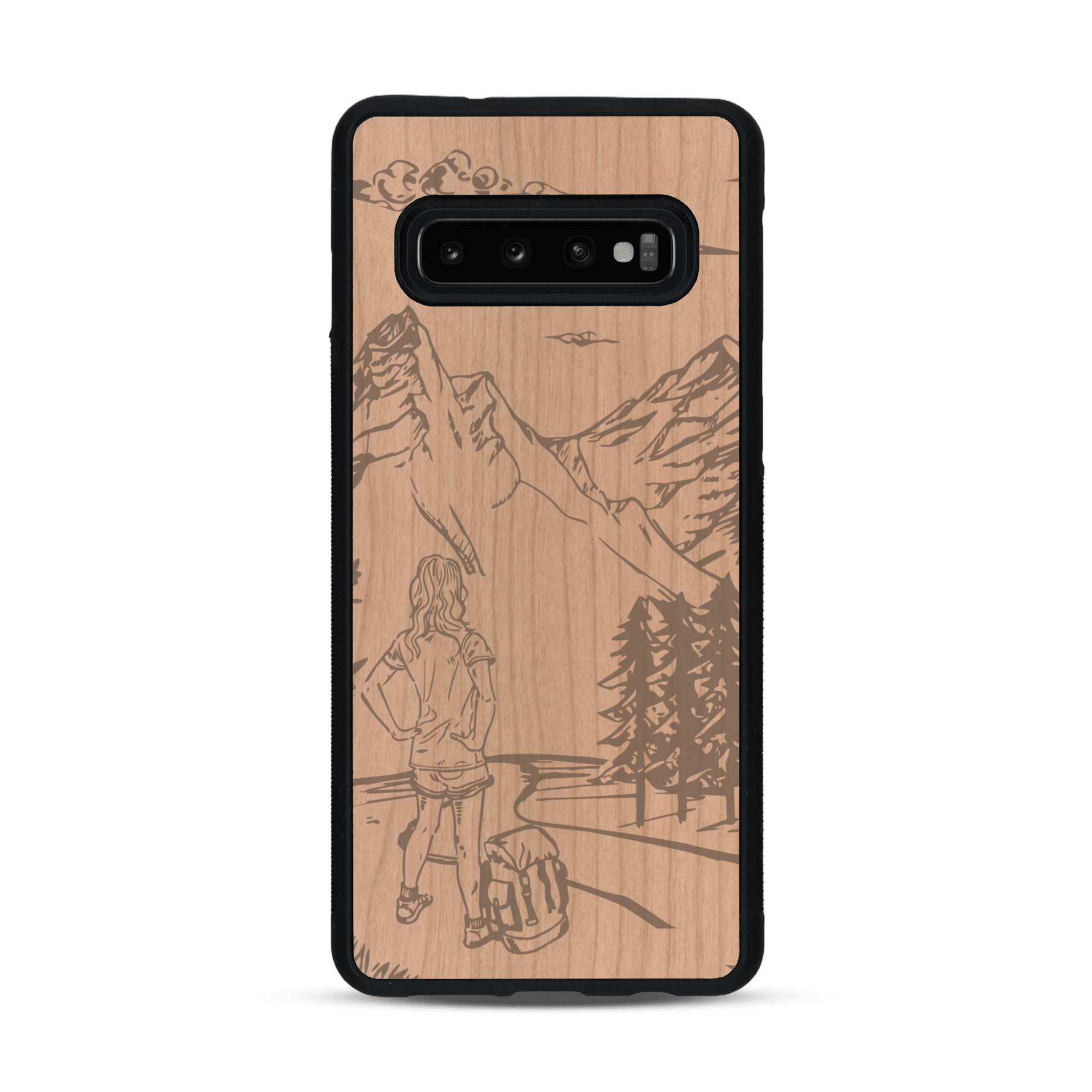 Coque de protection en bois véritable fabriquée en France pour  sur le thème de la randonnée en montagne et de l'aventure avec une gravure représentant une femme de dos face à un paysage de nature