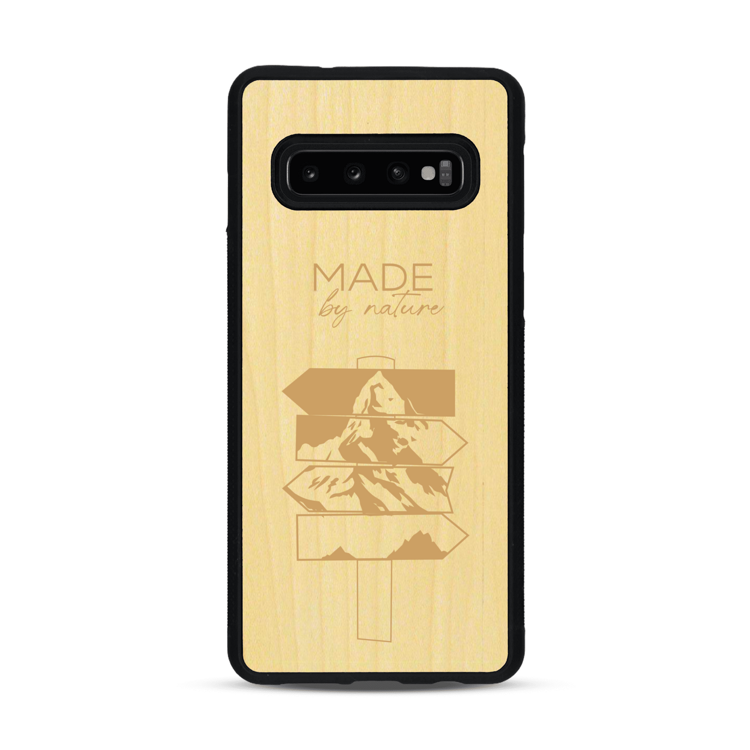 Coque de protection en bois véritable fabriquée en France pour  sur le thème de la nature et des arbres avec une gravure représentant une pomme de pin et la phrase "made by nature"
