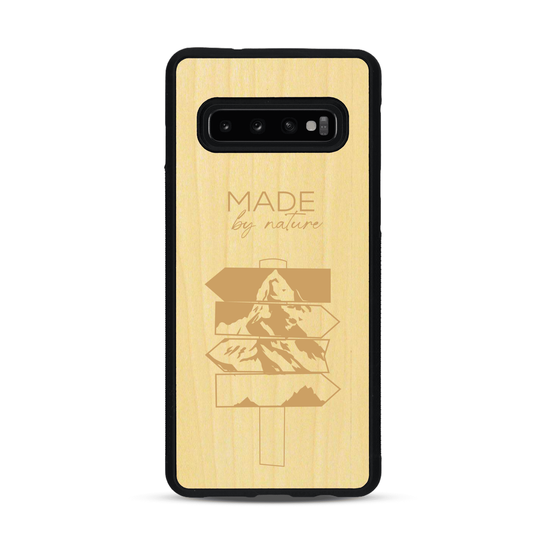 Coque de protection en bois véritable fabriquée en France pour  sur le thème de la nature et des arbres avec une gravure représentant une pomme de pin et la phrase "made by nature"