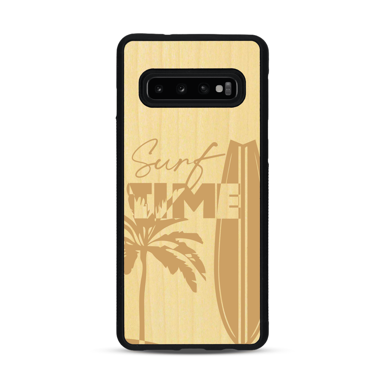 Coque de protection en bois véritable fabriquée en France pour  sur le thème chill avec un motif représentant une silouhette tenant une planche de surf sur une plage entouré de palmiers et les mots "Surf Time Long Beach Miami"
