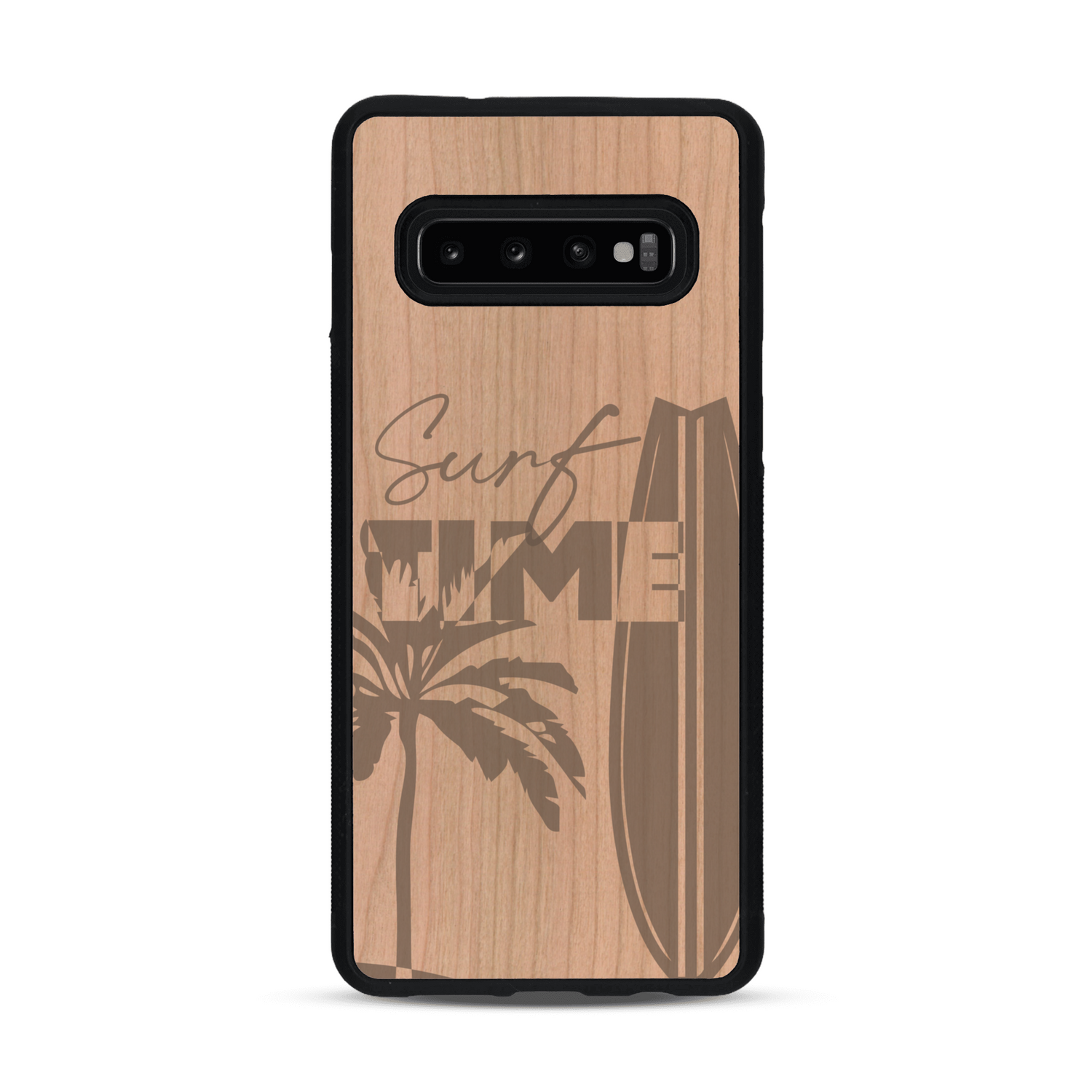 Coque de protection en bois véritable fabriquée en France pour  sur le thème chill avec un motif représentant une silouhette tenant une planche de surf sur une plage entouré de palmiers et les mots "Surf Time Long Beach Miami"