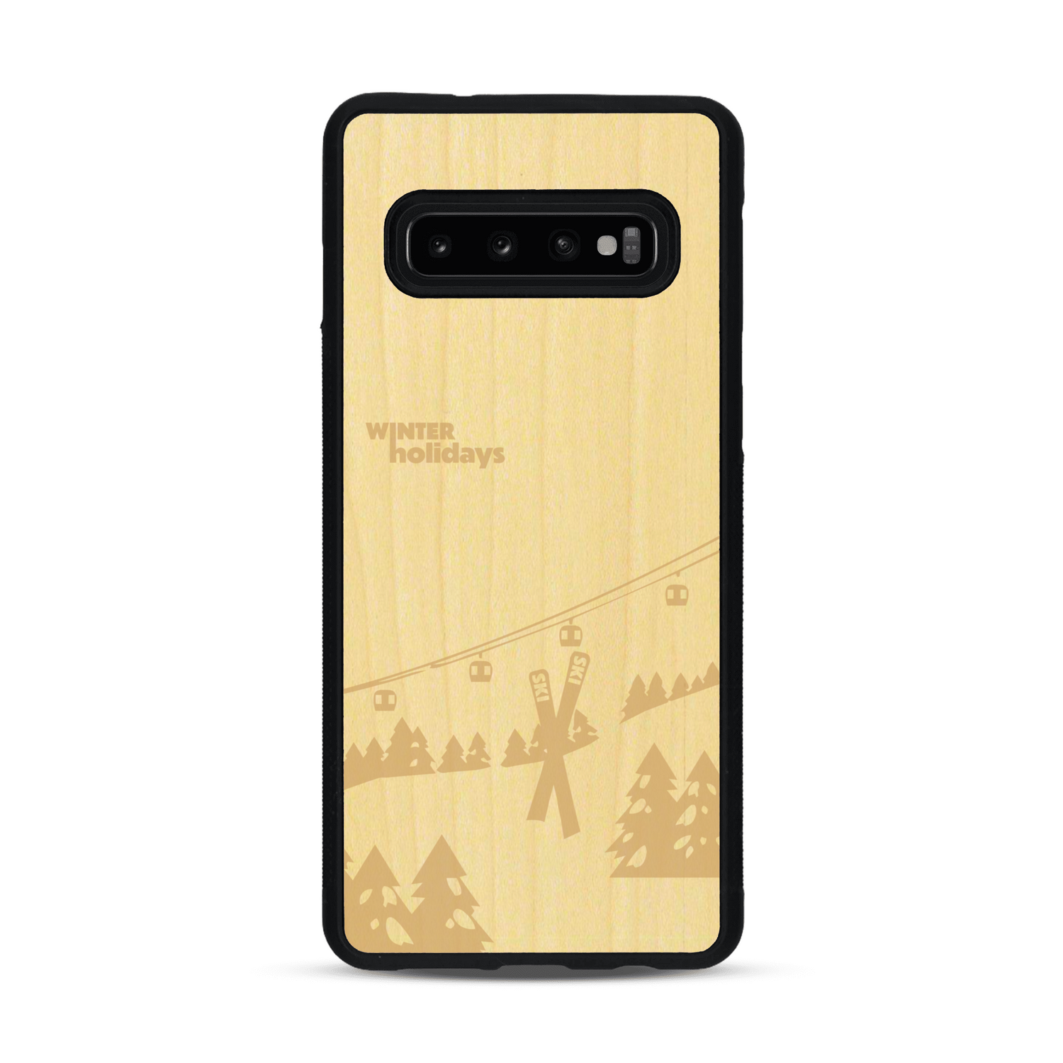 Coque de protection en bois véritable fabriquée en France pour  sur le thème de la montagne, du ski et de la neige avec un motif représentant une paire de ski plantée dans la neige avec en fond des montagnes enneigées