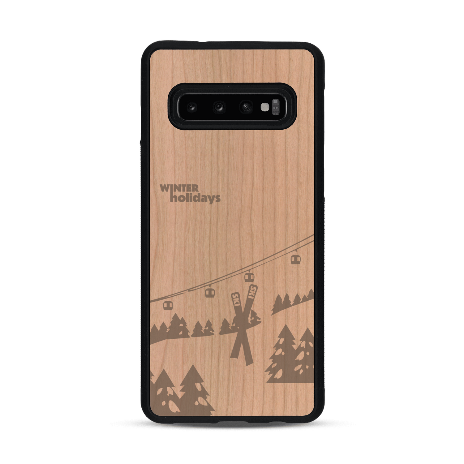 Coque de protection en bois véritable fabriquée en France pour  sur le thème de la montagne, du ski et de la neige avec un motif représentant une paire de ski plantée dans la neige avec en fond des montagnes enneigées