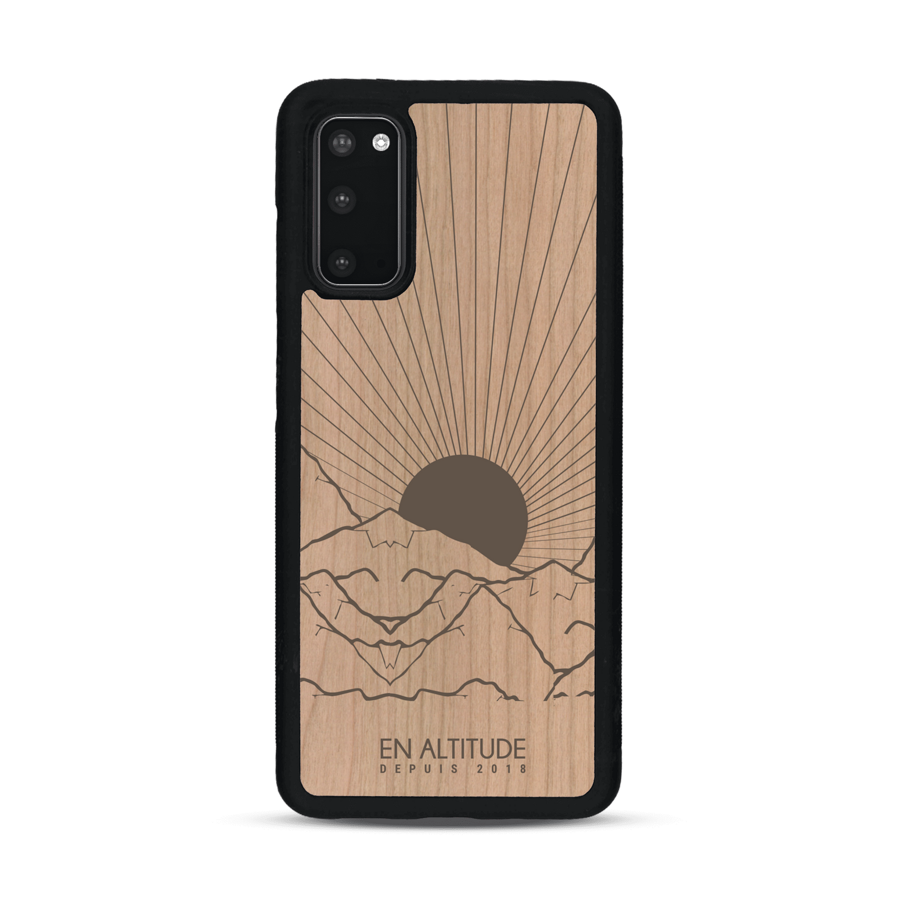 Coque de protection en bois véritable fabriquée en France pour  représentant des montagnes, sur le thème de la randonnée en pleine nature et du trail
