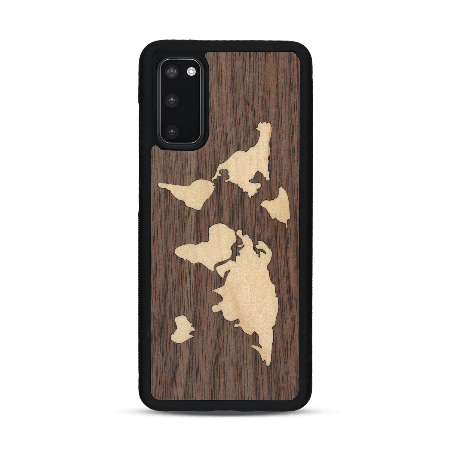 Coque de protection en bois véritable fabriquée en France pour  alliant du bambou et du noyer sur le thème du voyage et de l'aventure représentant une mappemonde