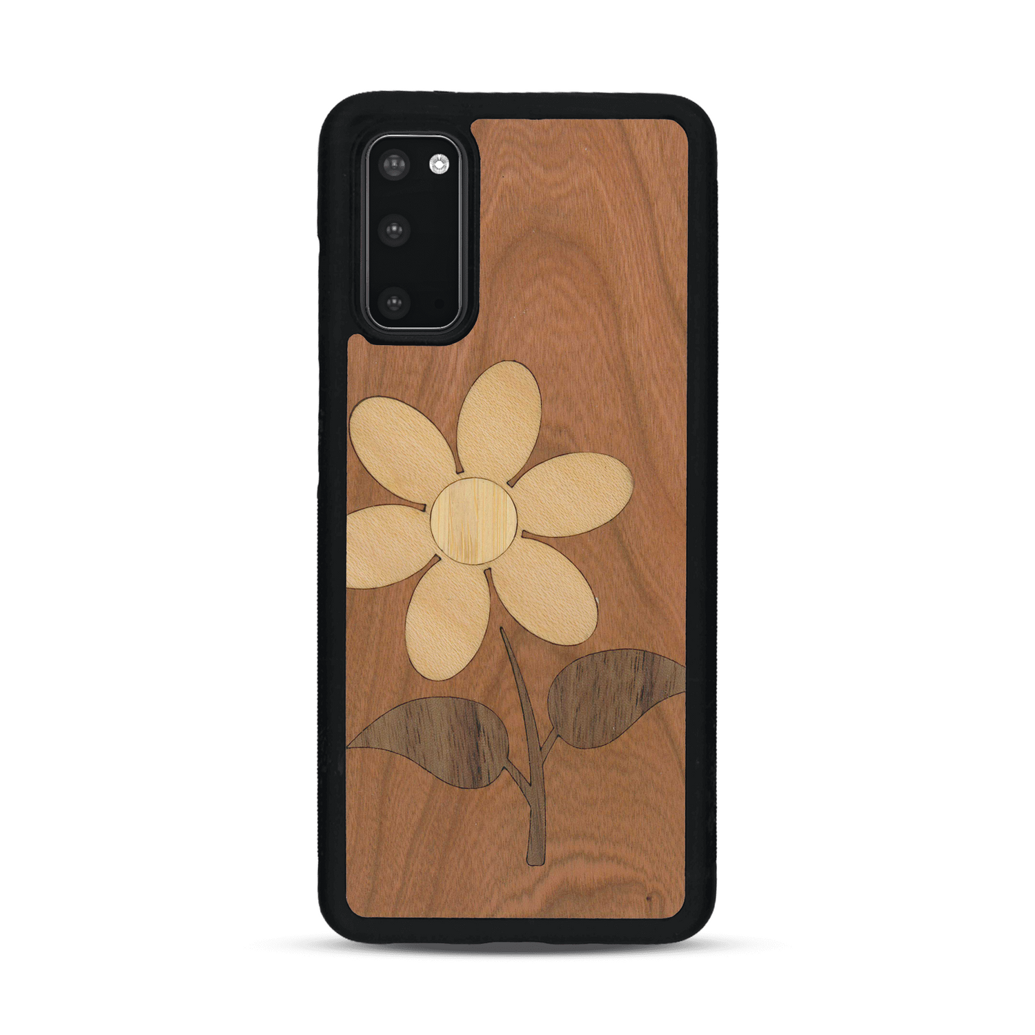 Coque de protection en bois véritable fabriquée en France pour  alliant plusieurs essences de bois pour représenter une marguerite