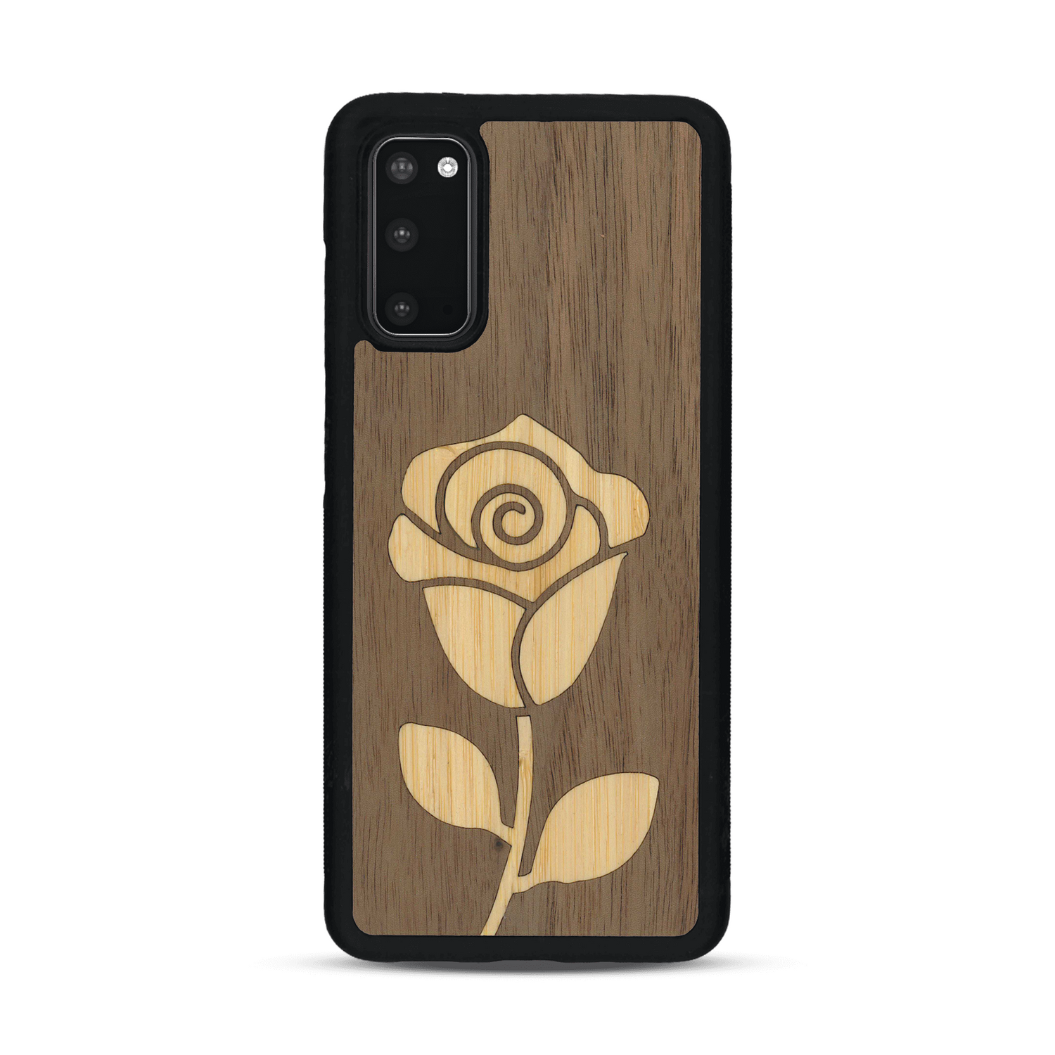 Coque de protection en bois véritable fabriquée en France pour  alliant plusieurs essences de bois pour représenter une rose