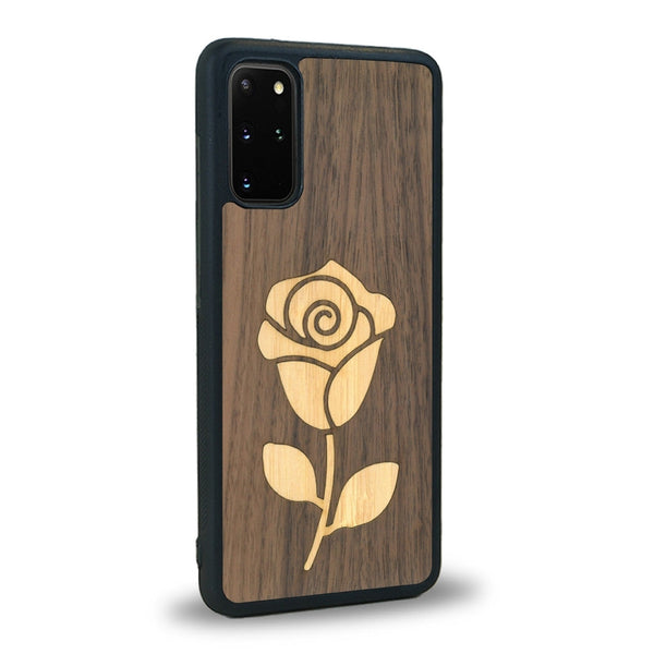 Coque de protection en bois véritable fabriquée en France pour Samsung S20 alliant plusieurs essences de bois pour représenter une rose