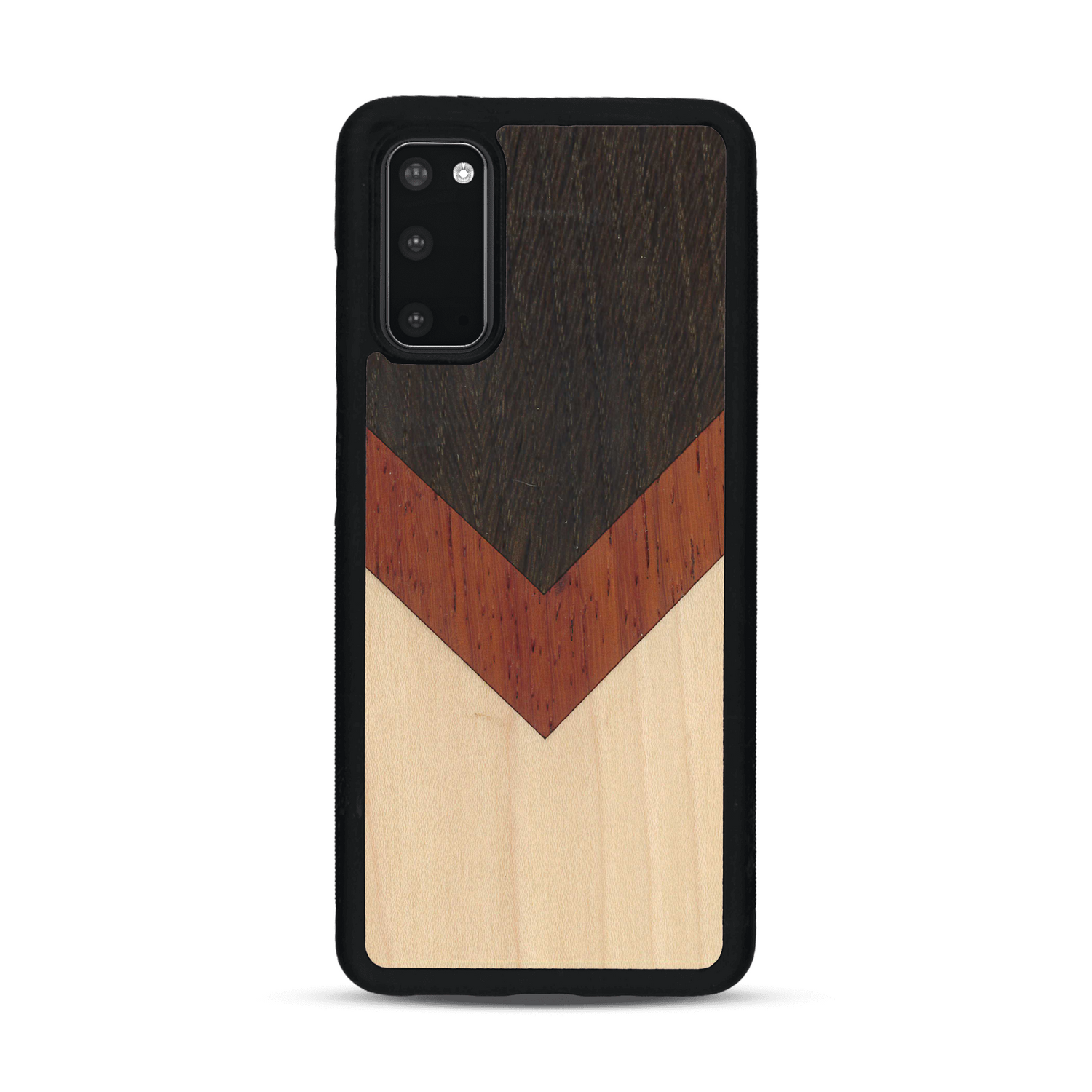 Coque de protection en bois véritable fabriquée en France pour  alliant du chêne fumé, du padouk et du bambou en forme de chevron sur le thème de l'art abstrait