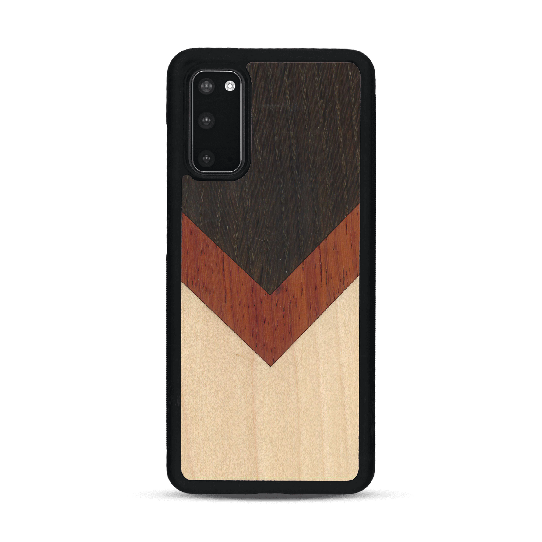 Coque de protection en bois véritable fabriquée en France pour  alliant du chêne fumé, du padouk et du bambou en forme de chevron sur le thème de l'art abstrait
