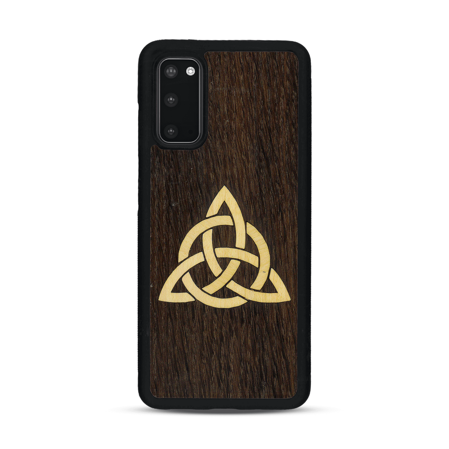 Coque de protection en bois véritable fabriquée en France pour  alliant du chêne fumé et du bambou représentant une triquetra