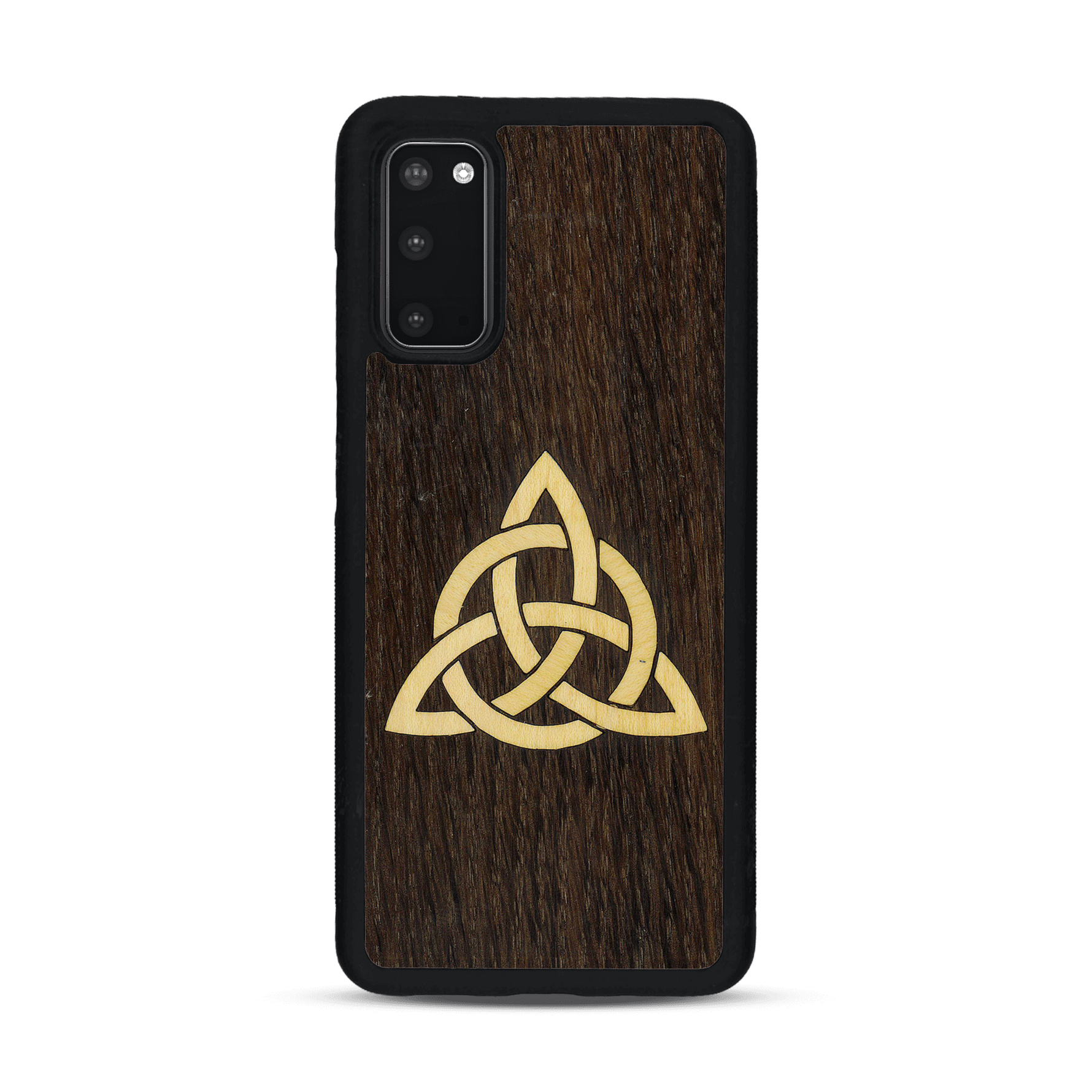 Coque de protection en bois véritable fabriquée en France pour  alliant du chêne fumé et du bambou représentant une triquetra