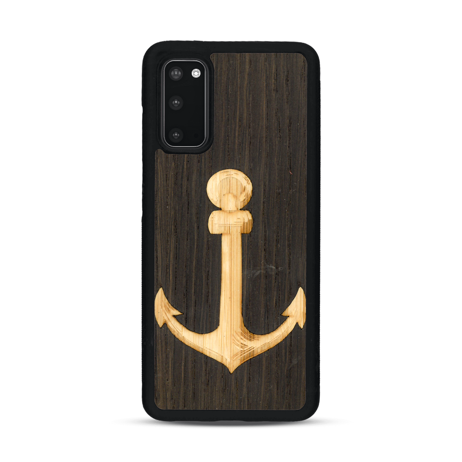 Coque de protection en bois véritable fabriquée en France pour  sur le thème nautique avec un bois clair et un bois foncé représentant une ancre de bateau