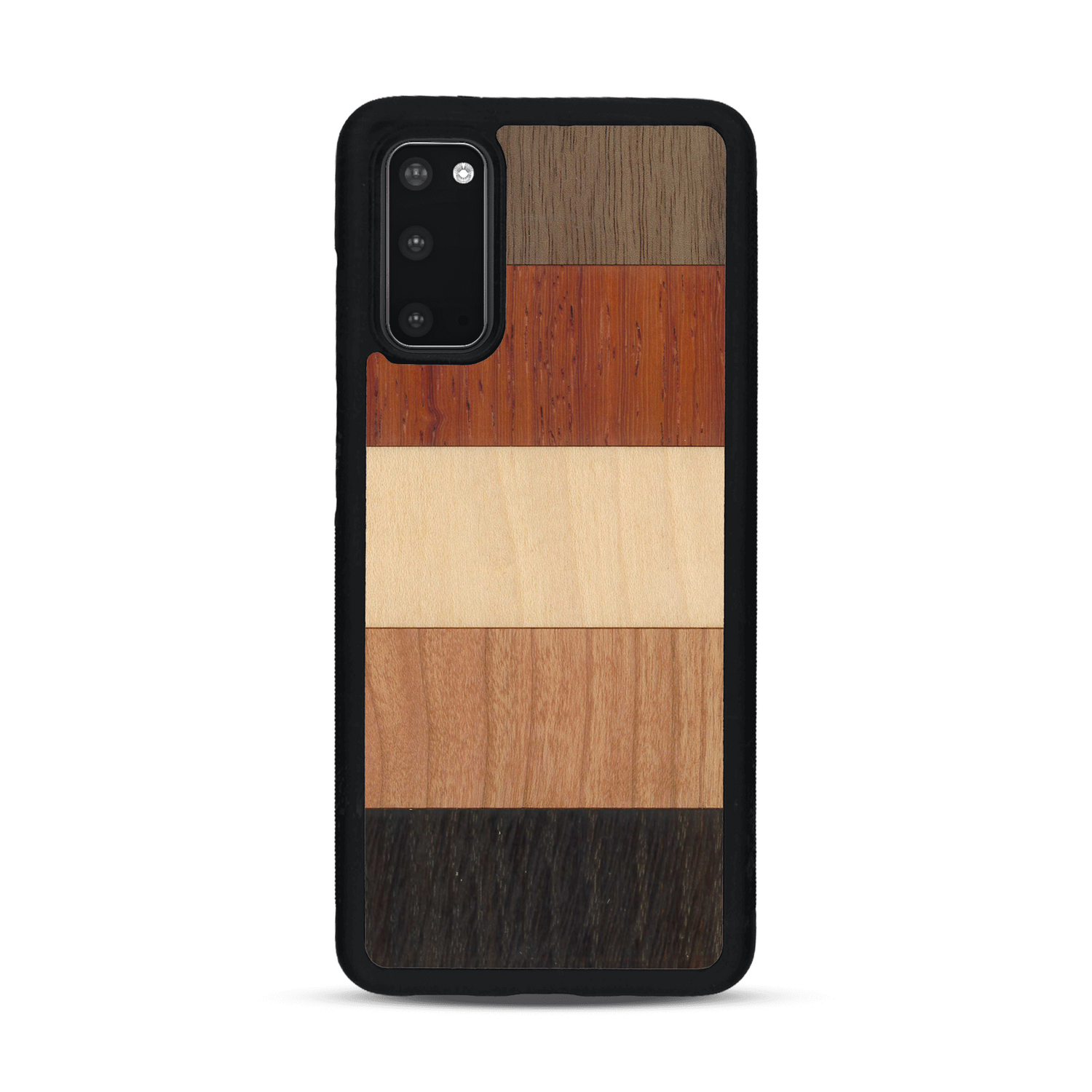 Coque de protection en bois véritable fabriquée en France pour  alliant des bandes horizontales de bambou, merisier, padouk, noyer et chêne fumé