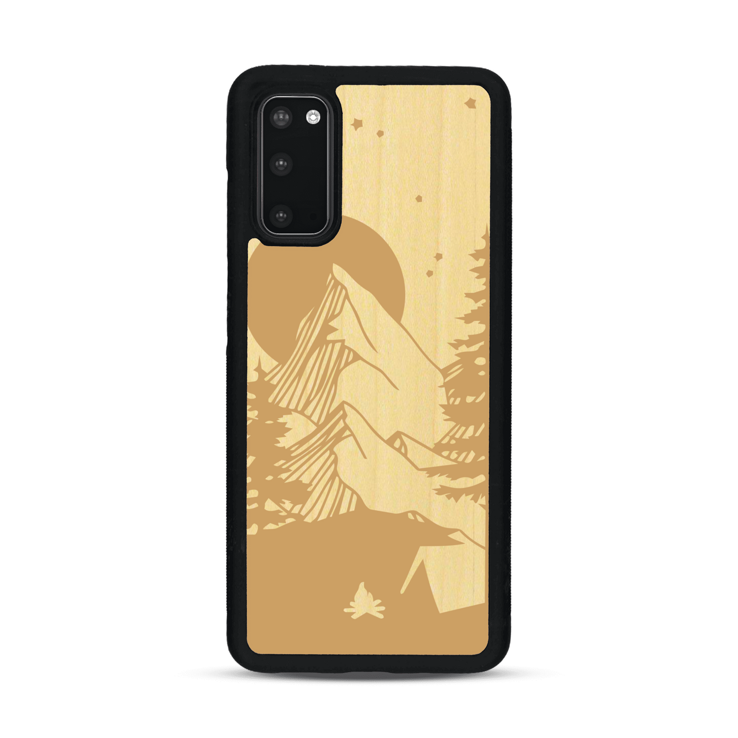 Coque de protection en bois véritable fabriquée en France pour  sur le thème du camping en pleine nature représentant une tente avec un feu de camp entouré de montagnes