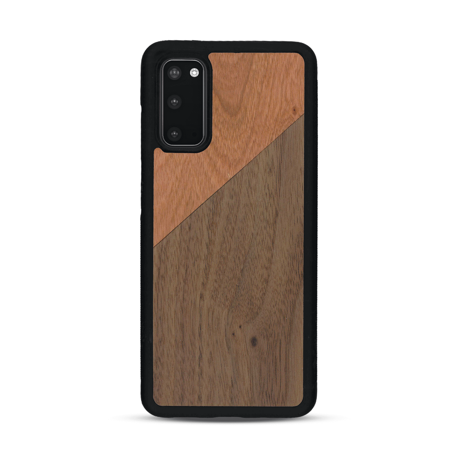Coque de protection en bois véritable fabriquée en France pour  alliant du merisier et du noyer formant chacun un triangle avec une jointure en diagonale sur le thème de l'art abstrait