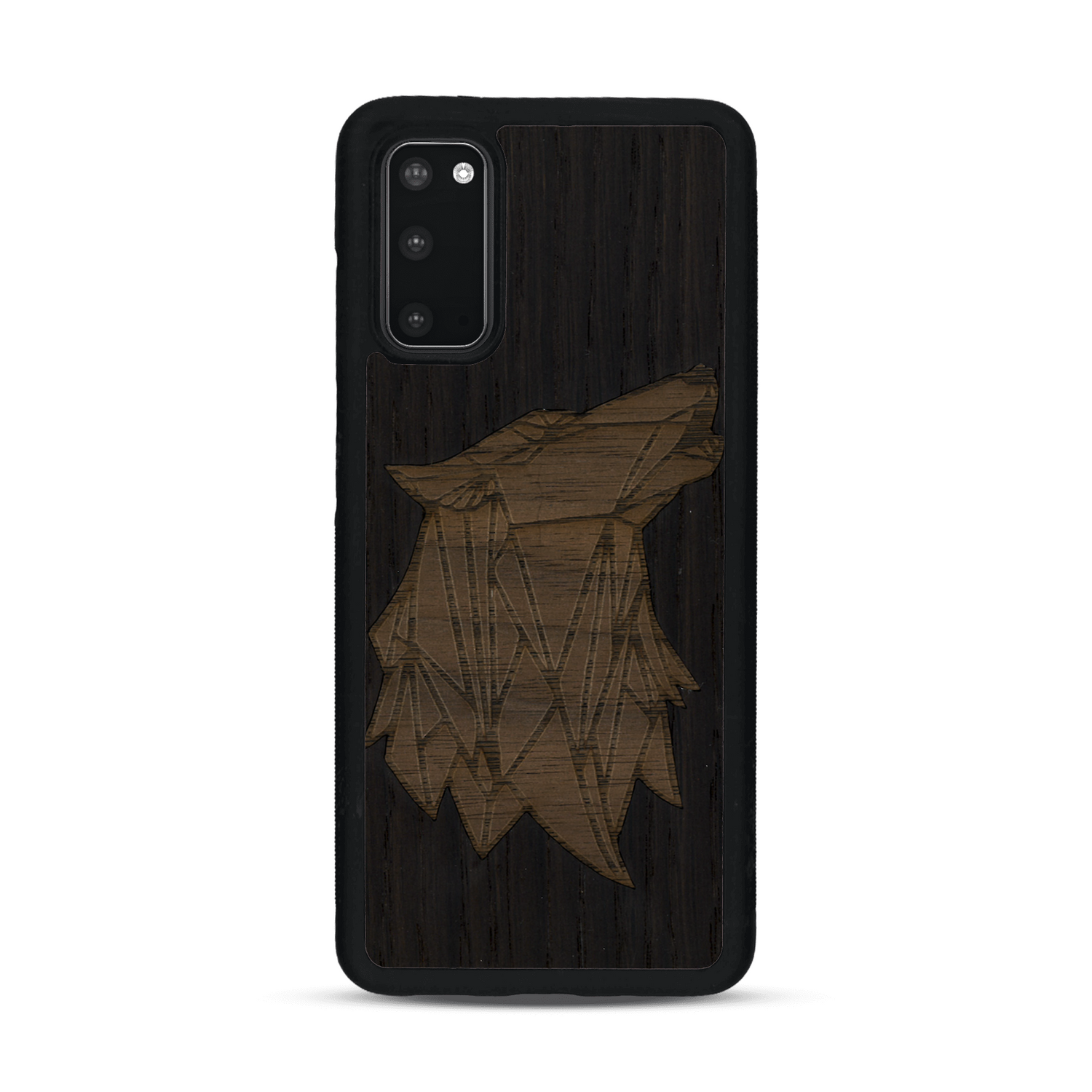 Coque de protection en bois véritable fabriquée en France pour  alliant du chêne fumé et du noyer représentant une tête de loup géométrique de profil sur le thème des animaux et de la nature