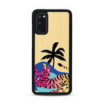 Coque de protection en bois véritable fabriquée en France pour Samsung S20 représentant un tigre coloré avec un design moderne et minimaliste sur le thème de la jungle et de la nature