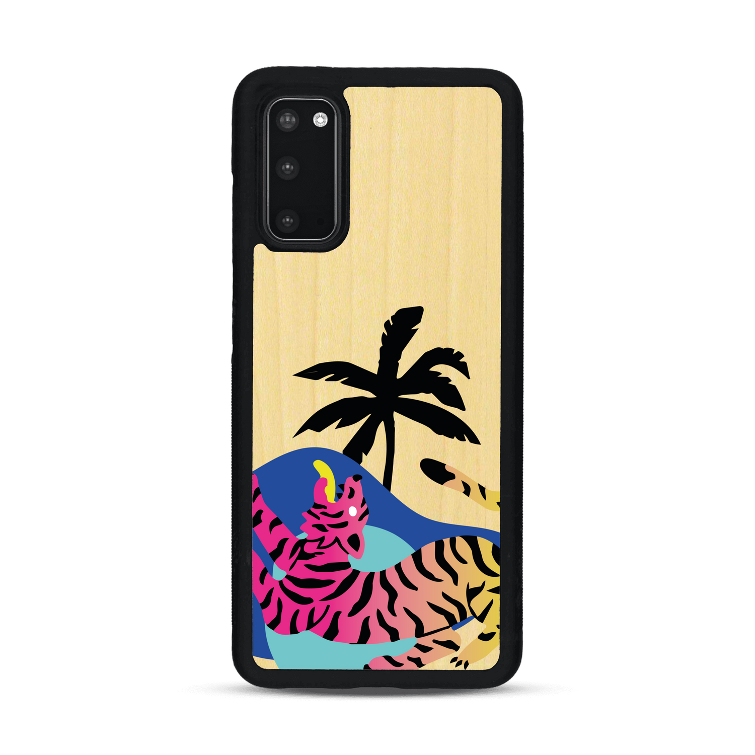 Coque de protection en bois véritable fabriquée en France pour Samsung S20 représentant un tigre coloré avec un design moderne et minimaliste sur le thème de la jungle et de la nature